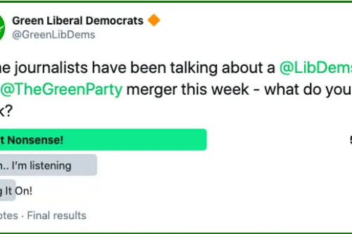 Tweet about Green Party and Lib Dems Merger