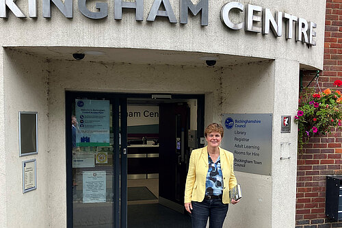 Councillor at Library entrance